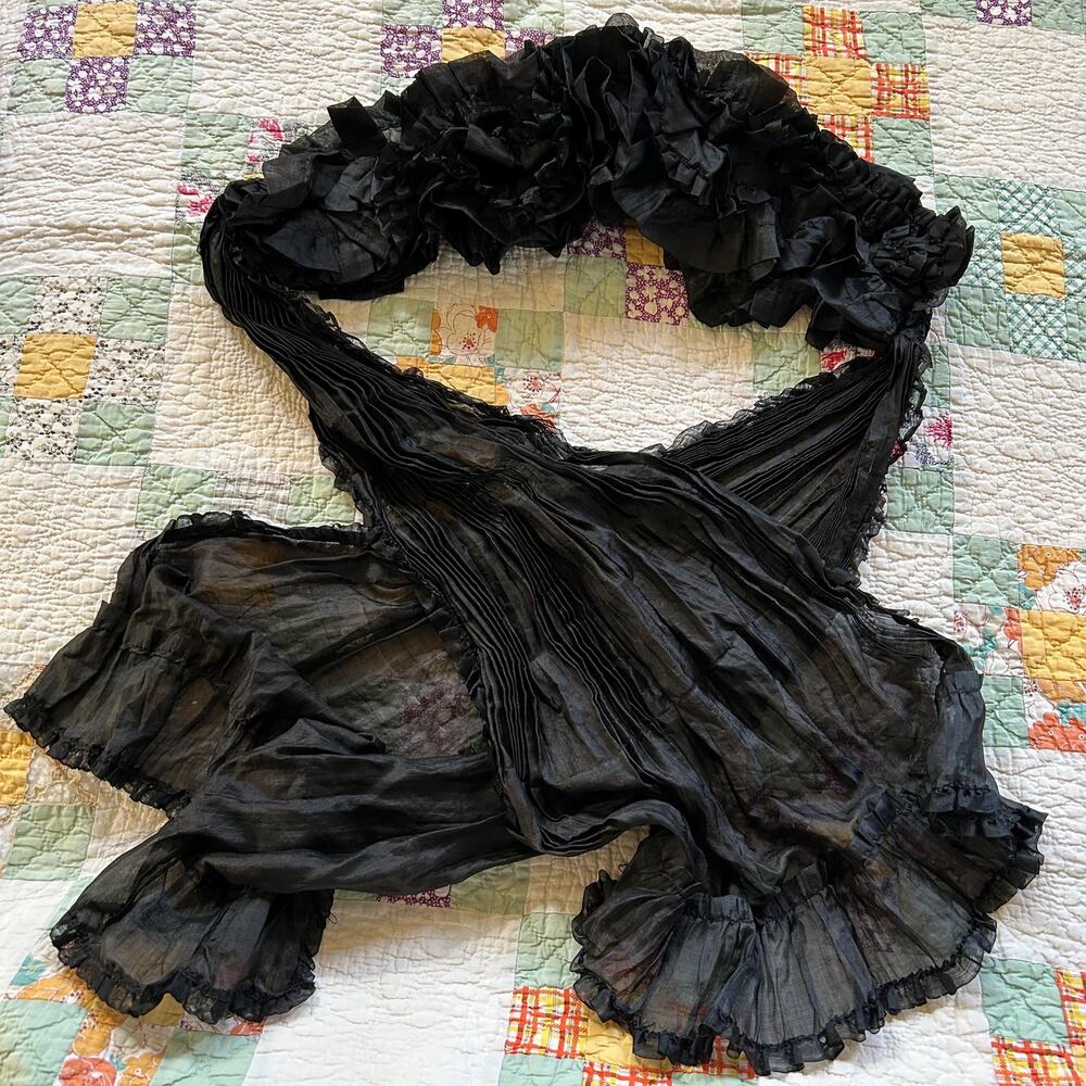 Antique Late 1800s Victorian Mourning Shawl Ruffled Tissue Silk Fan Pleated Wrap